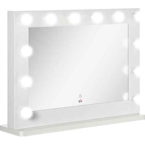 Miroir Hollywood avec éclairage, commande tactile, fonction mémoire, 12 lampes LED à intensité variable, blanc, 80 x 60 cm