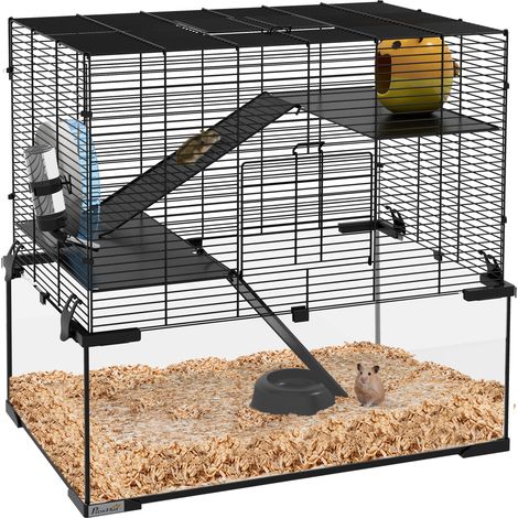 PawHut 3 Tiers Hamster Cage, Gerbil Cage with Deep Glass Bottom, Non-Slip Ramps, Platforms, Hut, Exercise Wheels, Water Bottle, Dish, for Syrian Hamster, Dwarf Hamster, 60 x 40 x 54.5cm