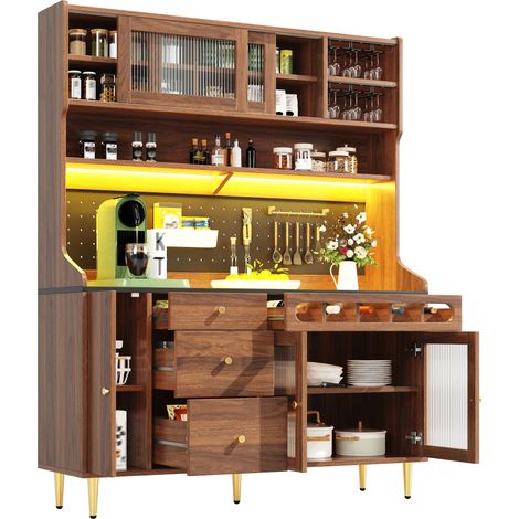 Buffet haut 145x39x171 cm en MDF et verre, coloris noyer, avec rangement pour salon - FLORAGRACE (1/5)