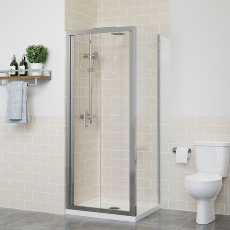 Bi Fold Shower Door Enclosure Bathroom Walk In Cubicle Safety Glass Screen Chrome with Side Panel 700x1000mm (1/5)