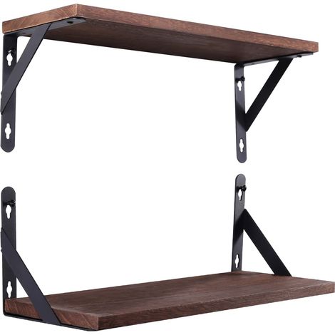 Etagères Murales Lot de 2, Étagère Murale Bois et Métal Marron Foncé, Rustiques Etagere Murale Longueur de 42cm, Charge Maximal 30kg pour Chambre, Salle de Bain, Salon, Cuisine (1/5)
