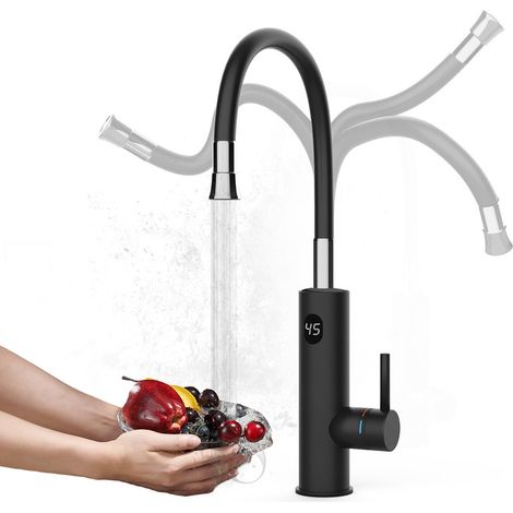 Rubinetto Acqua Calda Elettrico Istantaneo, 3200W Scalda Acqua Elettrica Rubinetto per Cucina con Display a LED e Tubo Flessibile, Ruota di 360 Gradi Tankless Elettrico Rubinetto per Bagno (1/5)