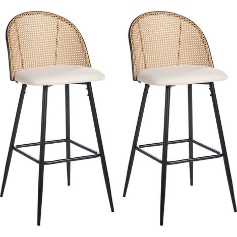 Conjunto de 2 sillas de bar retro asiento de tela beige estructura metálica negra respaldo de trenza vienesa Cornell