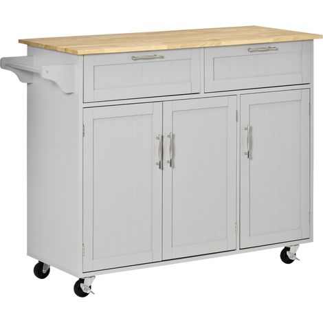 Carrito de cocina con ruedas, isla de cocina con 2 cajones y barra para colgar ropa para comedor, 121x46x91 cm, gris. (1/5)