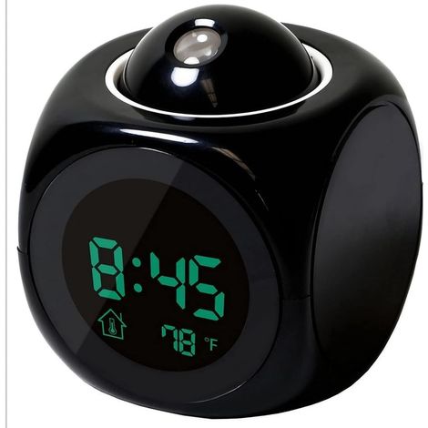 Reloj despertador con proyección para dormitorio, radio despertador con proyección de pared y techo y cargador USB, función de voz LED (negro + cable USB) (1/5)