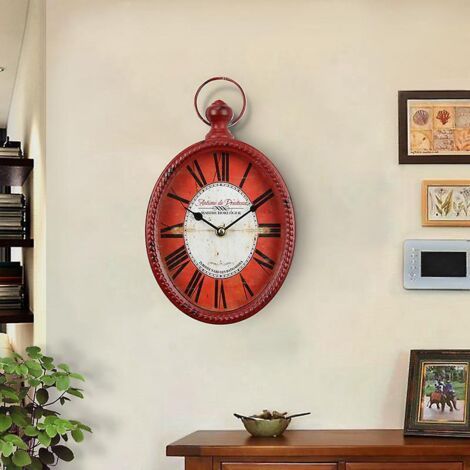 Rote 12-Zoll-Wanduhr in European Retro-Design, oval Shape, old-fashioned Wall-Wanduhr, handworklich gefertigt, geeignet für öffentliche Bereiche im Wohnzimmer. (1/5)