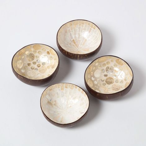 HOMESCAPES Coconut Shell Bowls Set of 4 – Coconut & Capiz Shell (1/5)