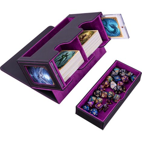 Deck Box pour MTG, Peut Contenir Jusqu'à 300+ Cartes, avec 2 Intercalaires et Plateaux à Dés, Boîte de Rangement en Cuir PU pour Magic/TCG/Cartes à Collectionner - Violet et Noir (1/5)