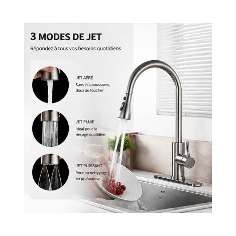 Robinet de Cuisine Extractible 3 Jets, Robinet Évier en Acier Inoxydable Brossé, Rotation 360°, 410mm, Anti-Éclaboussures, pour Cuisine Moderne (1/3)