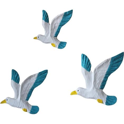 Ensemble de 3 figurines de mouettes décoratives sur le thème nautique, avec filet de pêche, pour décorer un mur ou une maison. (1/5)