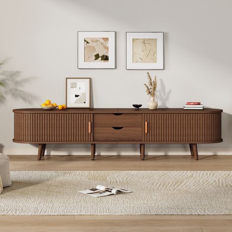 Meuble TV - 175x40x42cm - avec rangement et plateau rond en MDF imitation bois, 2 tiroirs - portes télescopiques - noyer (1/5)