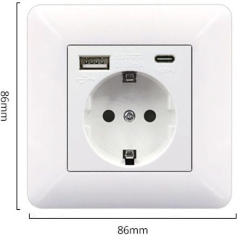 Panneau de prises USB et Type-C 16A – 2 prises + 1 port USB + 1 port Type-C – Installation horizontale/verticale – Design carré blanc - USB16A