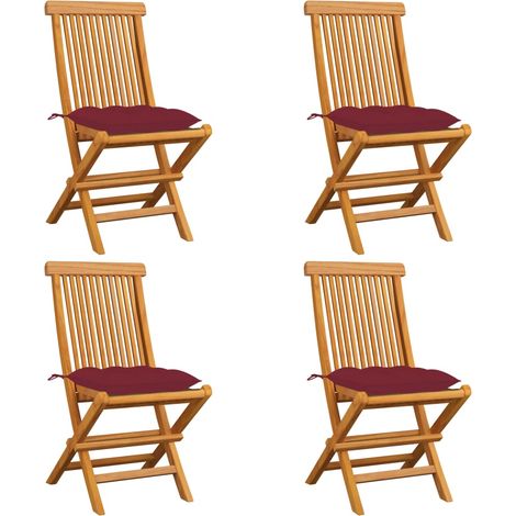 Chaises de jardin avec coussins rouge bordeaux 4pcs Teck massif 4 (1/5)