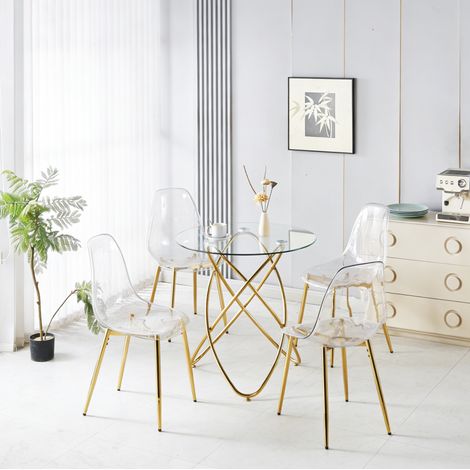 Conjunto de mesa y sillas de 5 piezas, mesa redonda de vidrio transparente y metal dorado HAVRYA (1/5)