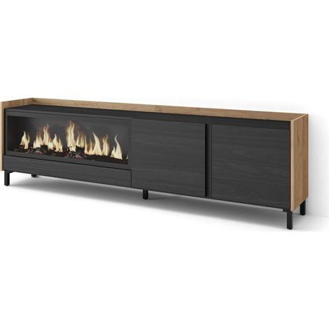 Skraut Home - Mueble TV, Televisión, Muebles de salón, almacenaje, 212x35x61cm, Para TV hasta 80", Chimenea eléctrica XXL, Diseño industrial, Estilo Moderno, Negro y roble (1/5)