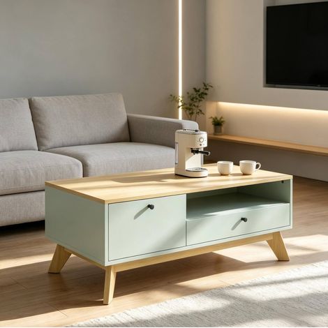 Tavolino da caffè 100x50x40 cm, cassetto, vano aperto e armadietto, base rialzata, MDF, verde chiaro (1/5)