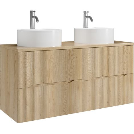 Mobile bagno sospeso scanalato con lavabo da appoggio rotondo e rubinetto Naturale chiaro 120 cm - ORISO (1/4)