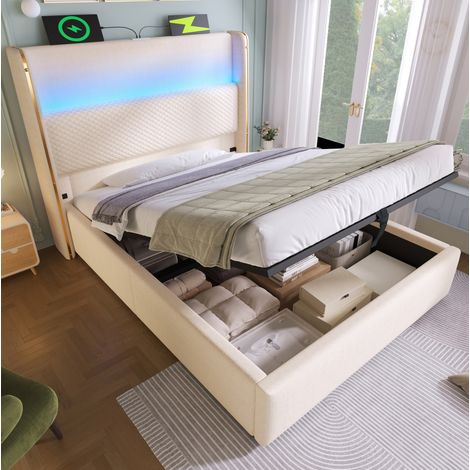 Letto imbottito moderno 90x200 cm beige in effetto lino, testiera alta con LED, USB/Type-C e contenitore idraulico