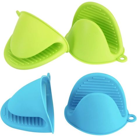 Set da 4 pezzi: presine in silicone, presine in silicone resistenti al calore, mini presine in gomma, guanti da cucina e graziosi guanti da cucina (blu e verde). (1/4)