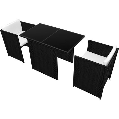Mobile da bistrot in 3 pezzi con cuscini in resina intrecciata nera 020014537