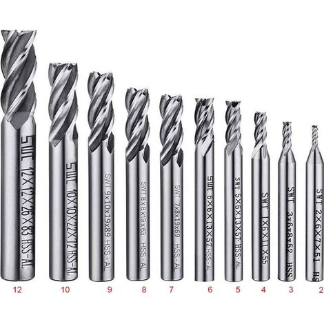 Lot de 10 forets à 4 cannelures - de 2 à 12 mm Fraise en Bout- Ensemble de forets à tige droite HSS CNC pour perceuse - Ensemble d'outils pour bois. aluminium. acier et titane (1/5)