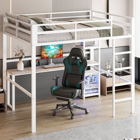 Lit mezzanine 140x200, métal, plateaux, bureau avec prisesusb-c, garde-corps, échelle, sans matelas, blanc (1/5)