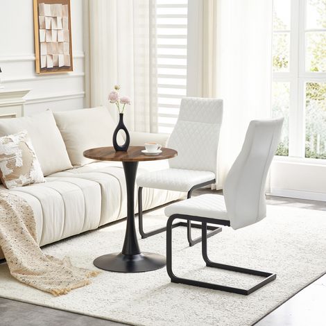 Ensemble table ronde 60 cm et 2 chaises, MDF, chaises blanches en PU et métal noir (1/5)