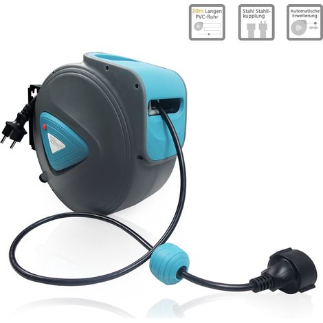 AUFUN Enrouleur de câble automatique avec thermostat de protection contre les surcharges, support mural pivotant de 180°(bleu + gris,20m) (1/5)