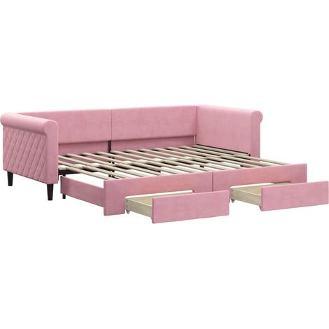 Lit simple,Lit adulte,Lit de jour avec gigogne et tiroirs rose 90x200 cm velours CFW48547 (1/5)