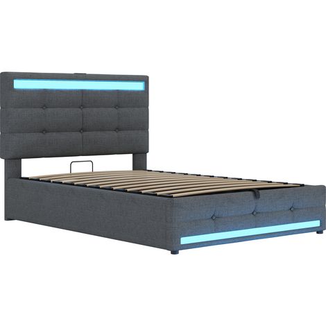 Letto singolo imbottito 90x200 cm con contenitore idraulico, LED RGB e 2 porte USB, grigio, MODENUIT (1/5)