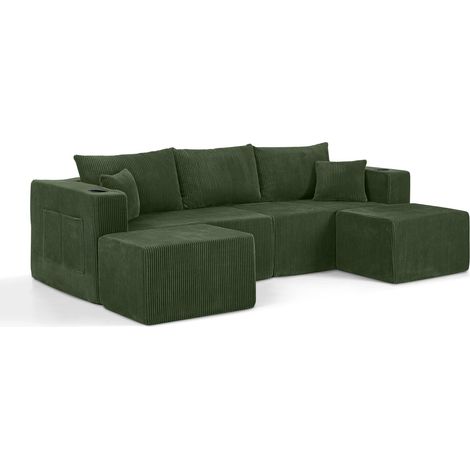 ELVMI Divano Angolare Modulare 3 Posti con Pouf Mobili Portabicchieri Tasche e Cuscini in Velluto a Coste Verde (1/5)