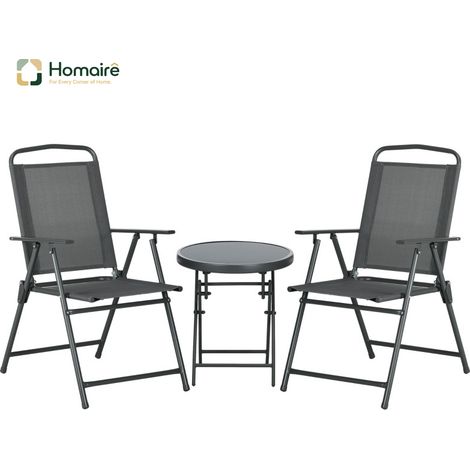 HOMAIRE Bistro-Set 3-teilig aus Metall, wetterfest, mit klappbarem Glastisch und Gartenstühlen, dunkelgrau