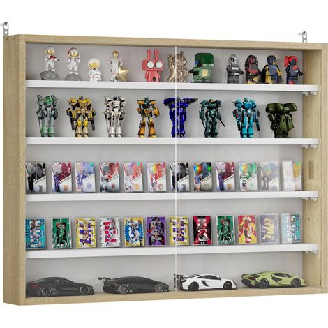 Vitrine murale en bois avec étagères réglables et 2 portes coulissantes en verre 80 x 9,5 x 60 cm Blanc et naturel