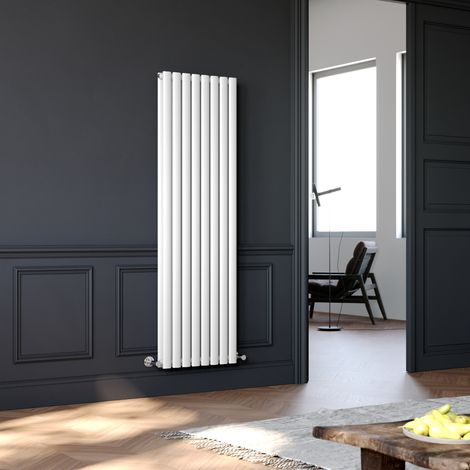 ELEGANT Vertical Radiator 1600 x 472mm Double Panel Designer White Oval Column Heating Rad with Angled Radiator Valves (1/5)