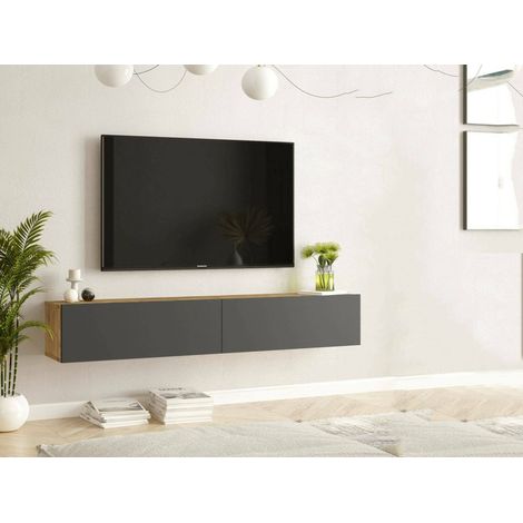 Dmora - Mobile porta TV Thebe, Credenza da soggiorno, Armadio basso per TV, Base parete attrezzata, 180x32h30 cm, Quercia e Antracite, con imballo rinforzato, con imballo rinforzato (1/5)