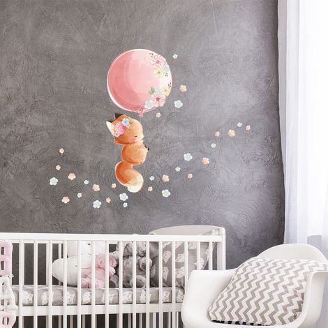 Stickers muraux enfants - Decoration chambre bébé - Sticker mural chambre enfant - Autocollant mural renard et son ballon + 60 fleurs - H30 x L35 cm (1/5)