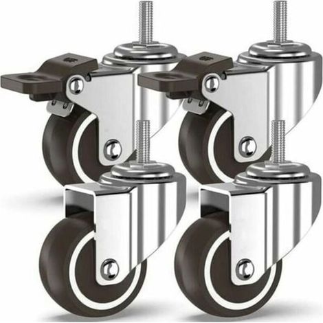 Roulettes pivotantes 4 à tiges filetées, roulettes pour meubles, roues à freins pour transport industriel de planches (50 mm avec tiges M10, 2 avec freins, 2 sans freins)