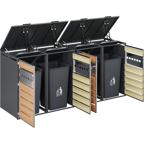 Armario para Cubos de Basura con 4 Compartimentos, Tapa Abatible Hidráulica y Puertas con Cerradura Acero Gris Madera (1/5)
