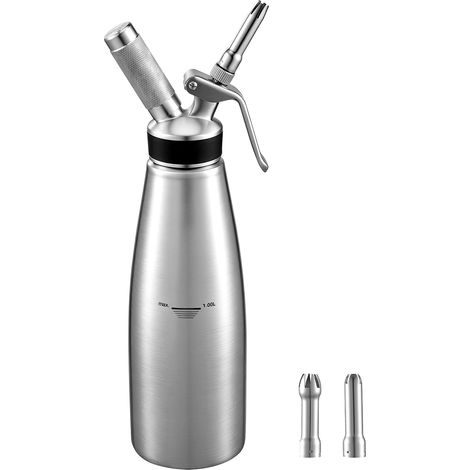 Mophorn Siphon à Chantilly 1 L Distributeur de Crème Fouettée SANS CARTOUCHE, idéal pour Cafés et Pâtisseries, Acier Inoxydable 304, Appareil à Chantilly N₂O étanche, avec 3 Embouts pour Décoration (1/5)