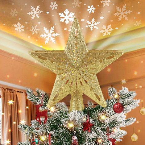Christmas Star Tree Topper Projector, Lighted 3D Star Tree Top with Rotating LED Snowflake Projection, Glitter Gold Xmas Tree Decoration, Easy Setup for Holiday Home Christmas Party Decor (1/5)