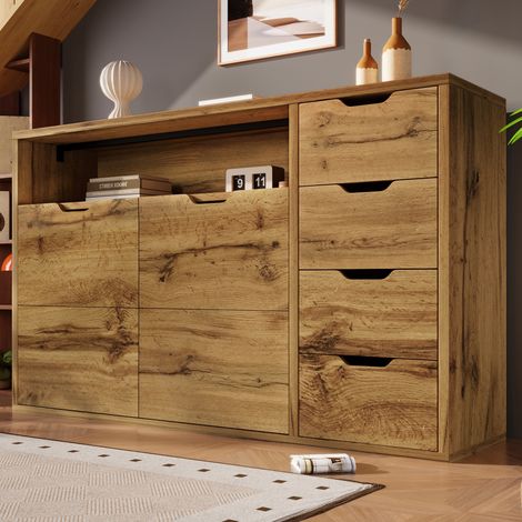 Buffet Sideboard Style Chêne Naturel - Commode de Rangement 150 cm avec 4 Tiroirs et 2 Portes - Niche Ouverte et Charnières Soft-Close - Salon & Entrée