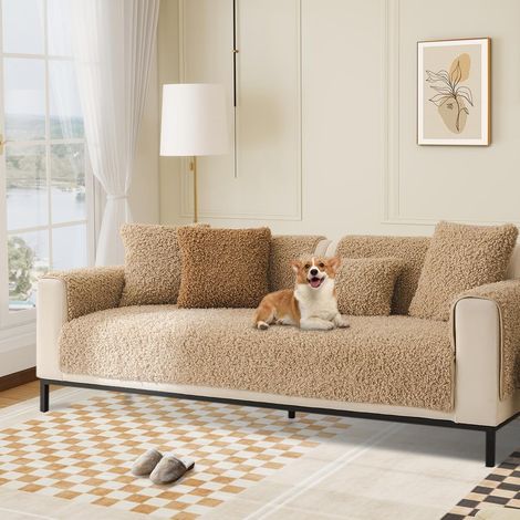 Soft Plush Sofa Cover, Non-Slip Covers for 1/2/3/4 Seater Sectional Sofas, L-Shaped Furniture Protector for Living Room (Light Brown, 110x180cm) (1/5)