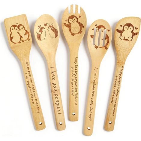5 Cuillères en Bambou, Design Pingouin Gravé, Usiles de Cuisine Écologiques, Décoration Amusante, Cadeau pour Amoureux des Animaux (1/5)
