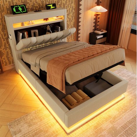 FLORAGRACE Lit coffre 90x200 cm en tissu beige avec tête de lit rangement, LED, USB et Type-C (1/5)