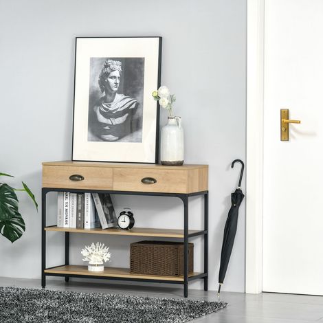 Console d'entrée avec 2 tiroirs et 2 étagères de rangement, structure en acier, 100 x 35 x 79,2 cm, chêne (1/5)
