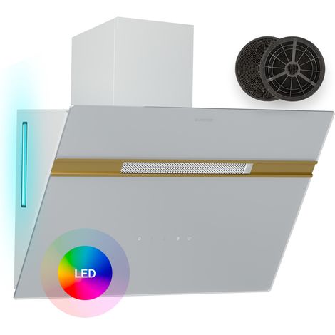 Klarstein Dunstabzugshaube Alina - 60-cm-Wandhaube, 600 m³/h Luftstrom, Energieeffizienzklasse A, LED-Beleuchtung in 9 Farben, Touch-Bedienfeld, Weiß-Gold, Umluftbetrieb Möglich