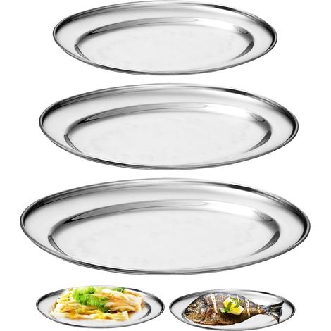 Juego de 3 bandejas ovaladas de acero inoxidable para servir y asar (plateadas) (1/5)