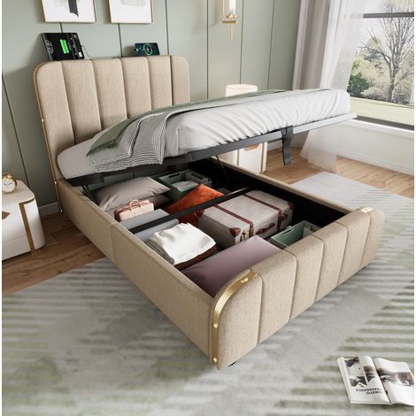Cama individual tapizada 90x200 cm beige lino, con cabecero USB/Type-C, arcón hidráulico y colchón incluido (1/5)