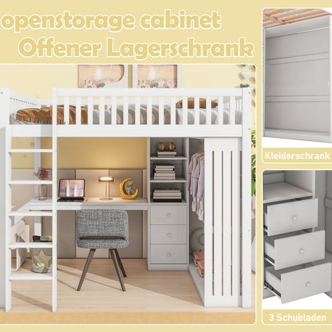 Kinder-Hochbett 140x200 cm Kiefer/MDF Weiß mit Schreibtisch und Stauraum – MEUBLIV (1/5)