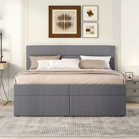Lit double-Lit rembourré-Cadre métallique-Sommier lattes-Grand rangement-Ouv. 2 côtés-Gris-141x207x105(cm) Sans Matelas (1/5)